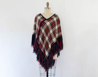 60s Plaid Fringe Cape, Vintage Wool Boho Cape (XS-M)
