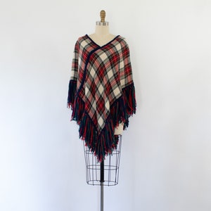 60s Plaid Fringe Cape, Vintage Wool Boho Cape (XS-M)