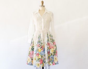 60s Pointelle Floral Garden Dress, Vintage Full-Skirt Floral Summer Dress (XS-S)