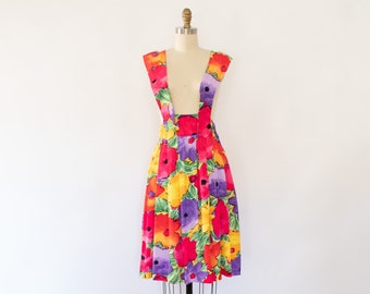 80s Floral Jumper Dress, Vintage Tropical Summer Dress (S)