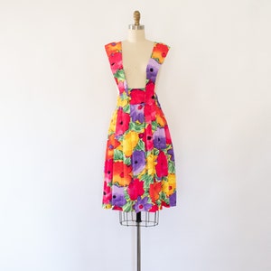 80s Floral Jumper Dress, Vintage Tropical Summer Dress S image 1