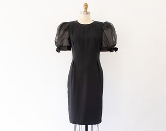80s Bold Organza Puff Sleeve Dress, Vintage Black Cocktail Sheath Dress (S-M)