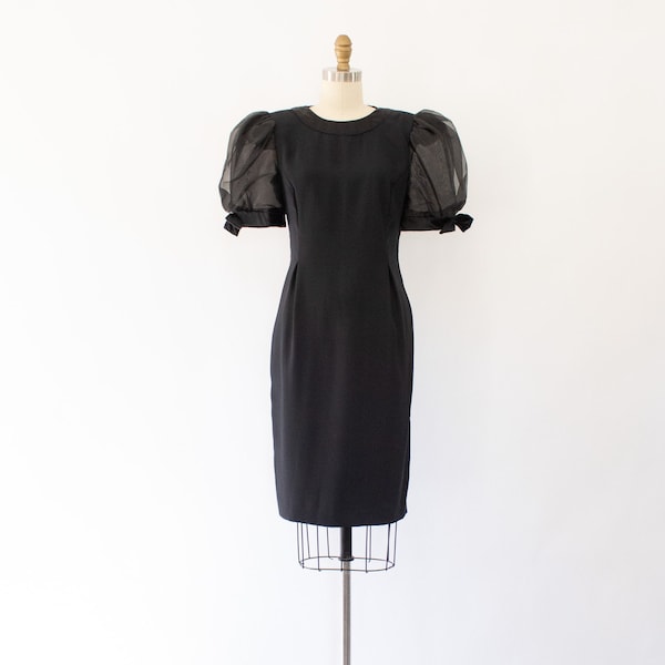 80s Bold Organza Puff Sleeve Dress, Vintage Black Cocktail Sheath Dress (S-M)