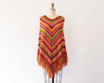 60s Crochet Chevron Cape, Vintage Wool Boho Cape (XS-M)
