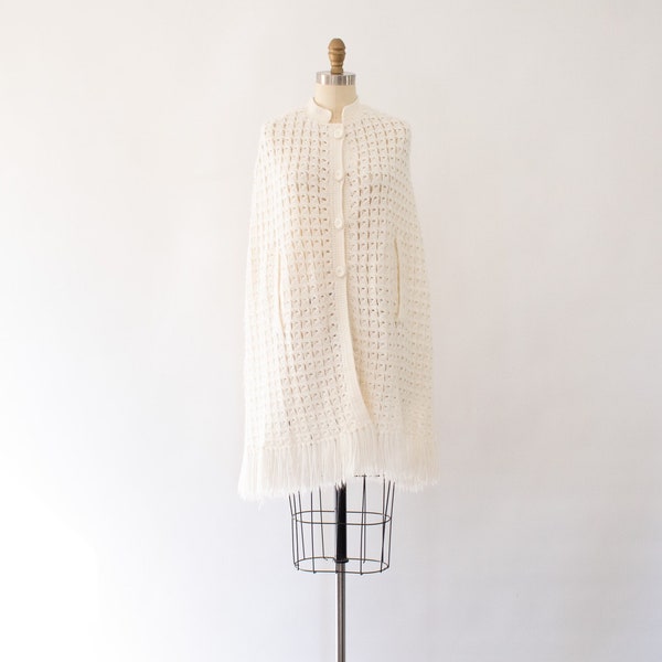 Vintage 60s Crochet Cape, Boho Crochet Fringe Cape size XS/S/M