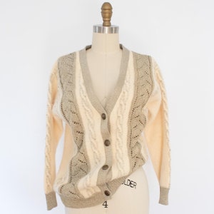 Vintage Angora Cable-Knit Metallic Gold Cardigan, 80s Angora Rabbit Sweater Cardigan (XS-S)