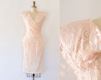 80s Floral Lace Cocktail Dress, Vintage CottageCore Pink Lace Dress (S)