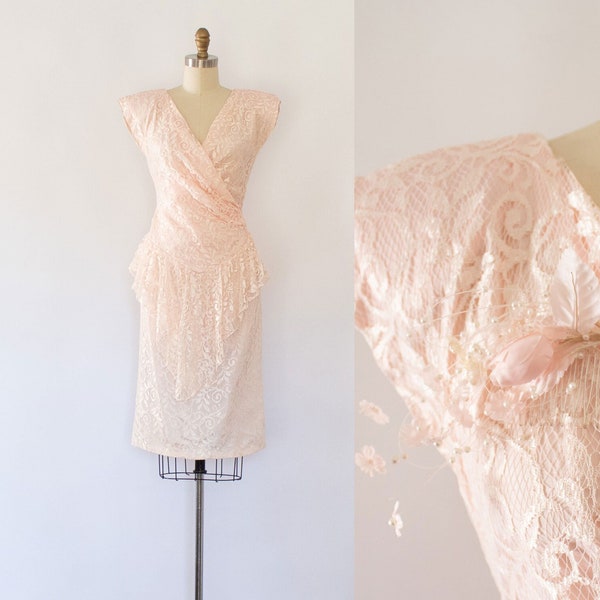 80s Floral Lace Cocktail Dress, Vintage CottageCore Pink Lace Dress (S)