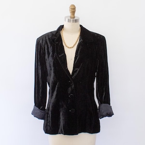Jaren 90 Talbots zwartfluwelen blazer, minimalistische geplette fluwelen blazer (S-M)