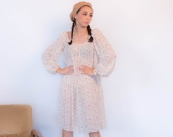 70s Plisse-Pleated Floral Sheer Dress with Balloon Sleeves size S/M