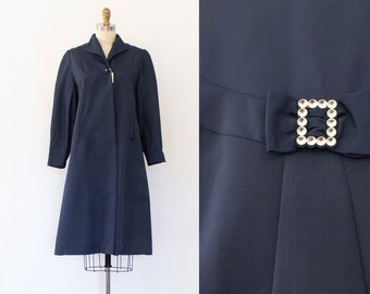 60s Taffeta Opera Coat, Vintage Navy A-Line Swing Coat (XS-M)