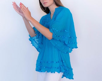 Vintage Mexican Gauzy Crochet Blouse, Boho Angel Sleeve Blouse (XS-L)