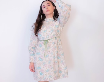 60s Bishop Sleeve Floral Mod Dress size M/L