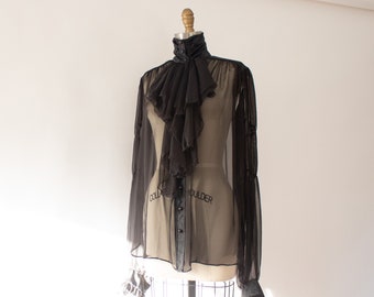 80s Poet Sleeve Silk Blouse, Vintage Jabot Sheer Blouse  (S-M)