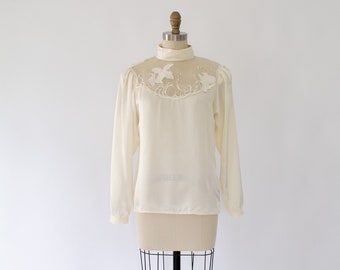 80s Floral Lace Satin Blouse, Embroidered Floral Blouse size XS/S
