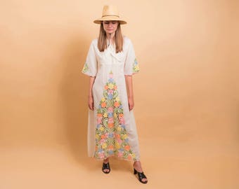 Mexican Embroidered Floral Dress / Vintage 60s Dress / Boho Dress / Bell Sleeve Dress / Floral Hippie Dress Δ size: S/M