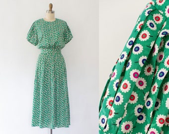 80er Jahre Floral Jacquard Kleid, Vintage Puffärmel Maxi Kleid (S)