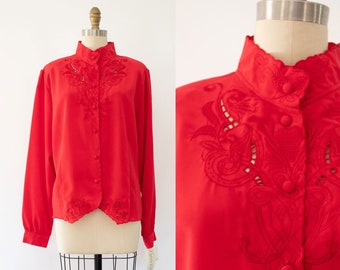 Vintage CottageCore blouse, 80s Floral Embroidered Button-Down, Deadstock Blouse (L-XL)