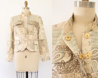 Chaqueta de satén con estampado de parches Y2K, blazer vintage con estampado floral y paisley (XS-S)