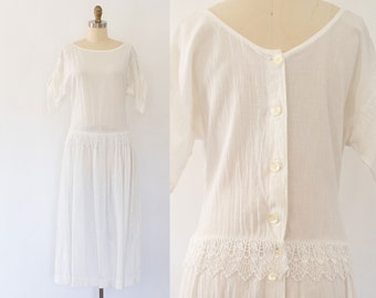 80s White Gauzy Lace Prairie Dress, Vintage CottageCore Sheer Cotton Dress (XS-M)