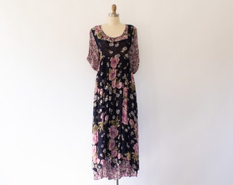 90s Gauzy Multi-Print Floral Maxi Dress, Vintage Boho Grunge Oversized Dress (XS-M)