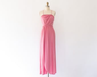 70s Disco Wrap Jersey Dress, Vintage Pink Slip Maxi Dress (S)