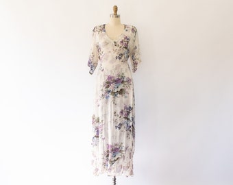 90s Gauzy Multi-Print Floral Maxi Dress, Vintage Boho Grunge Oversized Dress (XS-M)