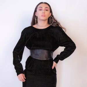 Vintage 80s Black Velvet Tuxedo Dress with Exposed Back size S/M