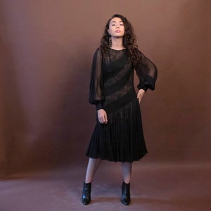60s Black Silk Chiffon Floral Lace Dress size S/M