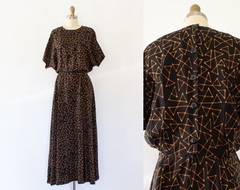 80s Ellen Tracy Silk Maxi Dress, Vintage Dolman Sleeve Abstract Print Dress (M)