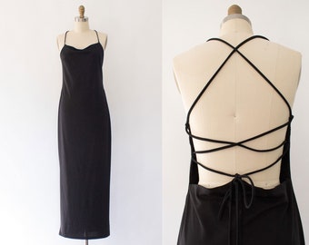 90s Criss-Cross Exposed-Back Dress, Vintage Minimal Slip Maxi Dress (M)