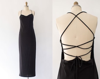 90s Criss-Cross Exposed-Back Dress, Vintage Minimal Slip Maxi Dress (M)