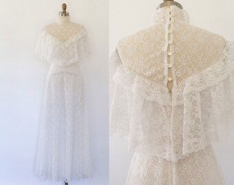 Vintage Victorian Floral Lace Wedding Dress, 70s Floral Boho Maxi Dress (XS-S)