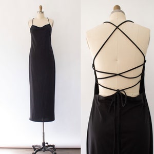 90s Criss-Cross Exposed-Back Dress, Vintage Minimal Slip Maxi Dress (M)