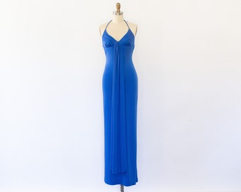 70s Disco Halter Jersey Dress, Vintage Electric Blue Slip Maxi Dress (XS-S)