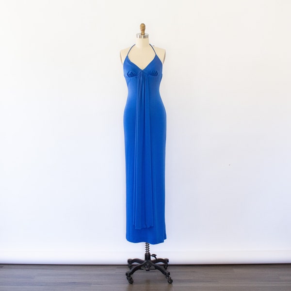 70s Disco Halter Jersey Dress, Vintage Electric Blue Slip Maxi Dress (XS-S)