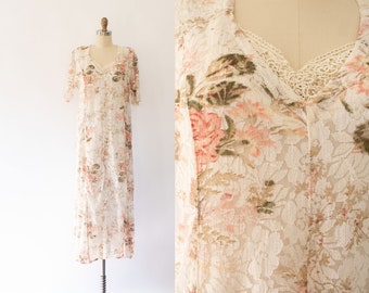 90s Oversized Floral Lace Maxi Dress, Vintage Rose Gauzy Lace Inset Dress (M-L)
