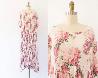 90s Oversized Gauzy Floral Maxi Dress, Vintage Rose Print Crinkled Dress (XS-M)