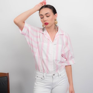 Striped DOLMAN Sleeve Blouse. Vintage 80s Top. Cotton Button Up Blouse. Striped Pink Blouse. Minimalist Blouse. fits size: S/M/L