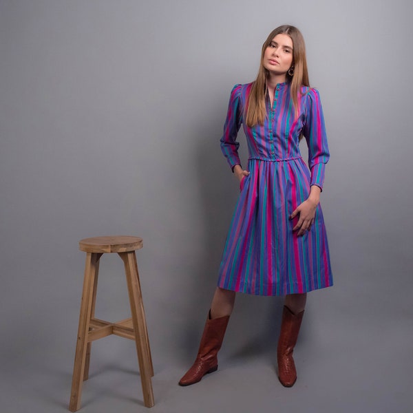 70s LANZ Originals Dress. Vintage 70s Dress. Colorful Dress. 70s A-Line Dress. Vintage Striped Dress. Vintage Peplum Dress. size: XS/S