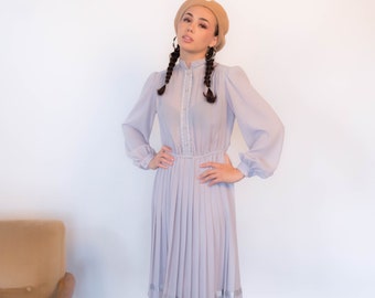 70s Pleated Skirt Sheer Dress with Billow Sleeves size S/M