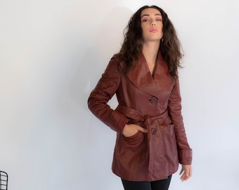 70s LEATHER Belted Coat. Vintage 70s Leather Coat. Boho Leather Coat. Red Leather Coat. size: XS/S