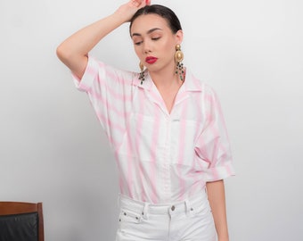 Striped DOLMAN Sleeve Blouse. Vintage 80s Top. Cotton Button Up Blouse. Striped Pink Blouse. Minimalist Blouse. fits size: S/M/L