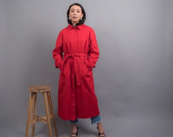 Red TRENCH Coat. 80s Trench Coat. Hooded Trench Coat. Midi Trench Coat. Vintage Rain Coat. fits sizes: S/M/L