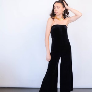 Vintage 90s Black Velvet Bell-Bottom Jumpsuit Strapless Pantsuit size XS/S