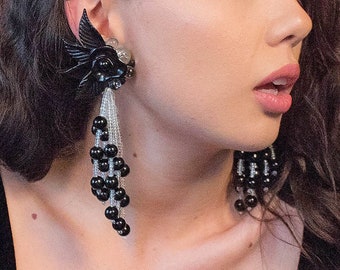 Avant-Garde 80s Floral Lucite Fringe Beaded Earrings