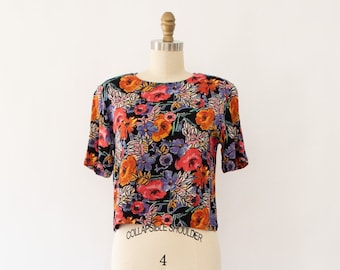 90s Carole Little Floral Blouse, Vintage CottageCore Crop Top (XS-S)