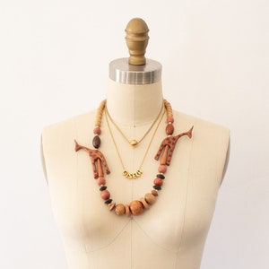 Vintage Wood Geometric Safari Necklace, 80s Beaded Wood Boho Necklace