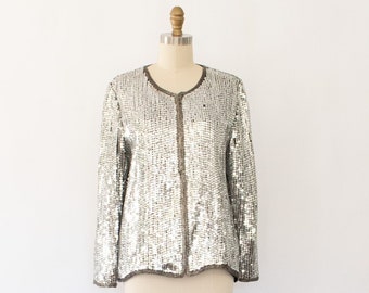 80s Silk Silver Sequins Jacket, Vintage Metallic Silver Jacket (S-M)