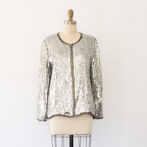 80s Silk Silver Sequins Jacket, Vintage Metallic Silver Jacket (S-M)